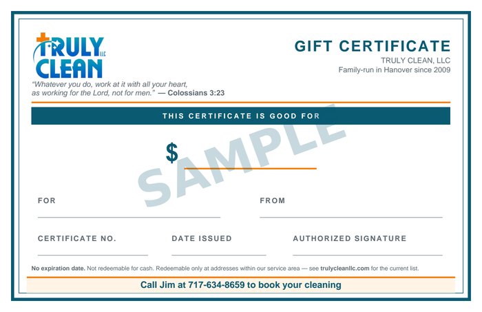 Sample Truly Clean gift certificate showing a dollar amount